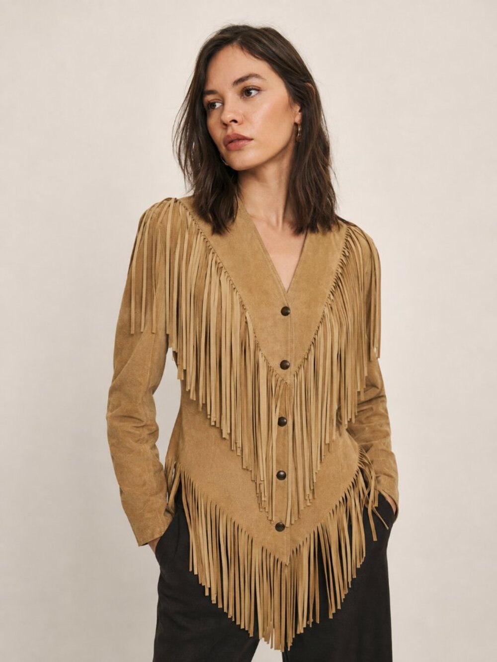 REFORMATION Genuine Suede Leather Tan Fringe Jacket Shacket
